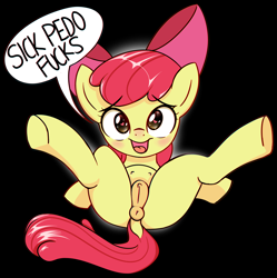 Size: 2358x2370 | Tagged: explicit, artist:coinpo, apple bloom, anus, black background, blank flank, butt, crotchboobs, delicious flat crotch, dock, earth pony, female, foal, foalcon, g4, heart eyes, high res, imported from derpibooru, insult, nipples, nudity, open mouth, open smile, plot, pony, simple background, smiling, solo, solo female, speech bubble, spread legs, spreading, tail, talking to viewer, teats, truth, underhoof, vulgar, vulva, wingding eyes