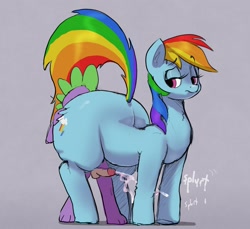 Size: 1512x1386 | Tagged: explicit, artist:parumpi, rainbow dash, spike, ass worship, bored sex, butt, butt grab, butt touch, cum, cumming, earth pony, earth pony rainbow dash, female, foalcon, g4, grope, hands free, huge butt, human penis, imported from derpibooru, large butt, male, mare, nudity, orgasm, pegasus, penis, plot, pony, premature ejaculation, race swap, sex, ship:rainbowspike, shipping, small penis, spontaneous orgasm, straight, unamused, wingless