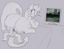 Size: 2594x1985 | Tagged: explicit, artist:parumpi, spike, twilight sparkle, angry, bed, briefs, butt, butt grab, butt touch, casual sex, clothes, controller, cross-popping veins, crotch bulge, dock, dragon, duo, elden ring, erection, faceful of ass, facesitting, female, fffuuuuu, foalcon, g4, gamejob, gamer twi, grope, hoof hold, huge butt, imported from derpibooru, large butt, lip bite, lying down, lying on bed, male, mare, on back, on bed, penis, playing, plot, pony, prone, sex, ship:twispike, shipping, size difference, spread legs, spreading, straight, tail, tenting, the ass was fat, twibutt, underwear, unicorn, unicorn twilight, wide hips