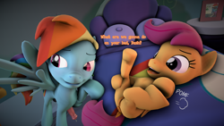 Size: 3840x2160 | Tagged: explicit, artist:onetrick-pony, rainbow dash, scootaloo, 3d, anus, balls, bed, bedroom, blank flank, blushing, butt, cum, dialogue, erection, female, filly, foal, foalcon, futa, futa on female, futa on filly, futa rainbow dash, g4, high res, imminent rape, imminent sex, imported from derpibooru, innocent, intersex, lesbian, nudity, on bed, onomatopoeia, pegasus, penis, plot, pomf, ponut, pony, precum, precum string, rainbow dash's bedroom, ship:scootadash, shipping, source filmmaker, spread wings, this will end in jail time, vulva, what are we gonna do on the bed?, wingboner, wings
