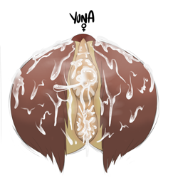 Size: 2040x2100 | Tagged: explicit, artist:aer0 zer0 edits, editor:deserter, anal creampie, anatomically correct, anus, butt, color edit, colored, creampie, cum, cum on butt, dock, edit, edited edit, female, foalcon, g4, high res, imported from derpibooru, nudity, plot, ponut, simple background, solo, solo female, tail, the ass was fat, through wall, vaginal creampie, vulva, yak, yona, yonass
