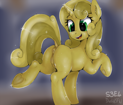 Size: 3000x2562 | Tagged: explicit, artist:dosh, sweetie belle, anatomically correct, anus, blank flank, bodypaint, butt, dark genitals, dock, edit, female, filly, foal, foalcon, frog (hoof), g4, gold, high res, imported from derpibooru, looking back, luster dust, my little pony: friendship is magic, nudity, one bad apple, open mouth, open smile, plot, ponut, pony, smiling, solo, solo female, sweetie butt, sweetie gold, tail, underhoof, unicorn, vulva