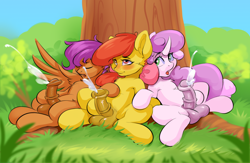 Size: 1873x1218 | Tagged: explicit, artist:kittytitikitty, apple bloom, scootaloo, sweetie belle, alternate version, blushing, cum, cutie mark crusaders, earth pony, foalcon, futa, futa apple bloom, futa cutie mark crusaders, futa only, futa scootaloo, futa sweetie belle, g4, imported from derpibooru, intersex, masturbation, orgasm, outdoors, pegasus, pony, simultaneous orgasm, unicorn