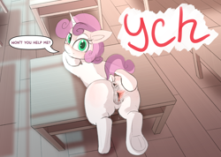 Size: 3098x2200 | Tagged: explicit, artist:cornelia_nelson, sweetie belle, advertisement, anus, blank flank, butt, classroom, clitoris, clothes, commission, female, filly, foal, foalcon, frog (hoof), g4, high res, imported from derpibooru, looking at you, looking back, looking back at you, nudity, plot, pony, presenting, school, schoolgirl, solo, solo female, source needed, teenager, text, underhoof, unicorn, useless source url, vaginal secretions, vulva, ych example, your character here