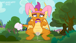 Size: 1280x720 | Tagged: explicit, artist:metalhead97, birth, bowtie, bunny ears, clothes, costume, dragon, dragoness, easter, easter bunny, easter dragon, easter egg, egg, egg laying, eggnant, female, fetish, foalcon, g4, holiday, imported from derpibooru, makeup, nudity, oviposition, pregder, pregnant, show accurate, show accurate porn, smolder, solo, solo female, squatting, sweat, vagina, vaginal secretions
