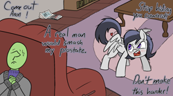 Size: 1940x1080 | Tagged: explicit, artist:happy harvey, oc, oc:anon, alternate hairstyle, alternate version, angry, blushing, book, bookshelf, calendar, chair, clothes, coffee table, colt, cowering, desperation, dialogue, ear fluff, erection, estrus, foal, foalcon, g4, gay, heart, hiding, horny, horsecock, human, imminent rape, imminent sex, implied interspecies, implied rape, imported from derpibooru, male, messy mane, mottled genitals, nudity, open mouth, pegasus, penis, phone drawing, pony, power bottom, raised tail, recliner, rug, rumble, scared, searching, shaking, spread wings, sweat, sweater, table, tail, turtleneck, vulgar, wingboner, wings, wooden floor, yelling