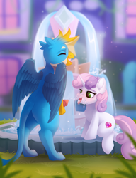 Size: 1846x2400 | Tagged: explicit, artist:dinoalpaka, sweetie belle, blushing, butt, commission, cum, cumming, cumming on face, duo, exhibitionism, facial, female, filly, foal, foalcon, fountain, g4, gallus, griffon, griffon on pony action, imported from derpibooru, interspecies, knot, knotted penis, male, mare, nudity, open mouth, penis, plot, pony, public nudity, ship:gallbelle, shipping, straight, tongue out, unicorn