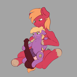 Size: 1006x1000 | Tagged: explicit, artist:ashersketch, age difference, applecest, balls, big dickentosh, big macintosh, big penis, blushing, clothes, colt, crossdressing, earth pony, father and child, father and son, foal, foalcon, g4, gay, gray background, hoof on penis, horsecock, imported from derpibooru, incest, little big mac, little mac, male, maledom, malesub, nudity, older male, panties, penis, pony, ponydom, ponysub, shipping, simple background, sitting, size difference, stallion, stallion on colt, submissive, underwear, younger male