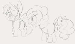 Size: 1199x704 | Tagged: explicit, artist:dotkwa, apple bloom, oc, oc:peachy keen, anatomically correct, anus, blank flank, bloom butt, bow, butt, canon x oc, dock, earth pony, eyes on the prize, female, filly, foal, foalcon, g4, grayscale, imported from derpibooru, lesbian, looking back, monochrome, nudity, plot, ponut, pony, shipping, sketch, tail, tail bow, vulva