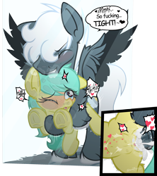 Size: 2000x2252 | Tagged: explicit, artist:sherathoz, oc, oc:tempest streamrider, abdominal bulge, against glass, age difference, alternate version, barley barrel, canon x oc, close-up, commission, creampie, crotchboobs, cum, cum version, female, filly, foal, foalcon, g4, glass, heart, heart eyes, high res, imported from derpibooru, male, nipples, nudity, penetration, pony, pony on pony action, sex, stallion, stallion on filly, straight, vaginal, wingding eyes