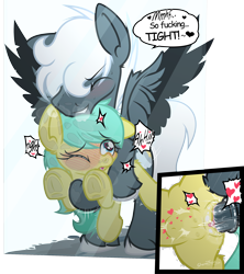 Size: 2000x2252 | Tagged: explicit, artist:sherathoz, oc, oc:tempest streamrider, abdominal bulge, against glass, age difference, barley barrel, canon x oc, close-up, commission, crotchboobs, dialogue, doggy style, english, female, filly, foal, foalcon, from behind, g4, glass, heart, heart eyes, high res, imported from derpibooru, male, nipples, nudity, pegasus, penetration, penis, pony, pony on pony action, sex, speech bubble, spoken heart, stallion, stallion on filly, straight, tight fit, tight pussy, vaginal, vaginal secretions, vulva, wingding eyes