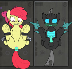 Size: 623x601 | Tagged: explicit, artist:dailevy, apple bloom, apple bloom's bow, blushing, bondage, bow, changeling, disembodied penis, earth pony, female, filly, foal, foalcon, frog (hoof), futa, futa changeling, futa on female, g4, game, gritted teeth, hair bow, herm, horn, imported from derpibooru, insertion, intersex, looking down, lying down, nudity, penis, pony, restrained, secret horse files, spread wings, tail, underhoof, vaginal insertion, wingboner, wings