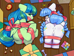 Size: 3000x2258 | Tagged: explicit, artist:ninebuttom, oc, oc:airuisi, oc:xiaoyi, anus, blushing, bondage, butt, dock, female, filly, foal, foalcon, glasses, helpless, high res, imported from derpibooru, looking at you, nudity, oc only, on floor, pegasus, plot, pony, present, ribbon, rubik's cube, simplistic anus, tail, toy, unicorn, vulva