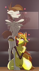 Size: 2480x4500 | Tagged: explicit, artist:greeneyedmistress, age difference, blowjob, blushing, choker, clitoris, clothes, colt, colt on mare, crotchboobs, eye contact, featherfire, featherweight, female, foal, foalcon, g4, high res, imported from derpibooru, lipstick, looking at each other, looking at someone, makeup, male, mare, mare on colt, nipples, nudity, oral, pegasus, penis, pony, pubic fluff, sex, shipping, spitfire, spread wings, straight, straight shota, wingboner, wings