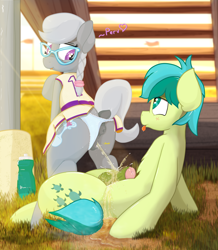 Size: 1887x2160 | Tagged: explicit, artist:not_texmex, silver spoon, alternate version, anatomically correct, anus, balls, bleachers, cheerleader, cheerleader outfit, clothes, dark genitals, derpibooru exclusive, dialogue, dock, drool, earth pony, female, fetish, filly, foal, foalcon, football field, g4, glasses, golden shower, horsecock, imported from derpibooru, looking back, lying down, male, nudity, on back, panties, panties aside, penis, pissing, pissing on dick, ponut, pony, presenting, raised tail, sandbar, ship:silverbar, shipping, straight, tail, teenager, tongue out, underwear, urine, vaginal secretions, vulva, watersports