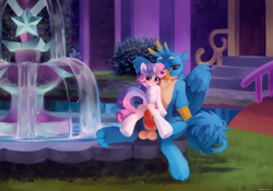 Size: 3000x2100 | Tagged: explicit, artist:zlatavector, sweetie belle, alternate version, anus, balls, blushing, butt, canine penis, commission, duo, female, foalcon, fountain, friendship student, g4, gallus, grass, griffon, high res, imported from derpibooru, knot, male, nudity, penetration, penis, plot, pony, school, school of friendship, sex, ship:gallbelle, shipping, straight, unicorn, vaginal, vulva, water