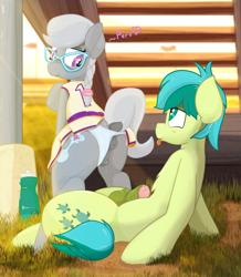 Size: 1887x2160 | Tagged: explicit, artist:not_texmex, silver spoon, anatomically correct, anus, balls, bleachers, butt, cheerleader, cheerleader outfit, clothes, dark genitals, derpibooru exclusive, dialogue, dock, drool, earth pony, female, filly, foal, foalcon, football field, g4, glasses, horsecock, imported from derpibooru, looking back, lying down, male, nudity, on back, panties, panties aside, penis, plot, ponut, pony, precum, presenting, raised tail, sandbar, ship:silverbar, shipping, straight, tail, teenager, tongue out, underwear, vaginal secretions, vulva