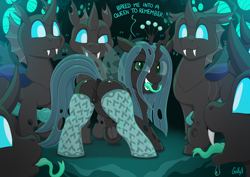 Size: 4092x2893 | Tagged: explicit, artist:golly, queen chrysalis, anus, big penis, bugbutt, butt, changeling, changeling drone, changeling queen, chrysalass, clothes, dialogue, dock, female, filly, firefly (insect), foal, foalcon, forked tongue, g4, green tongue, imminent gangbang, imminent sex, imported from derpibooru, insect, legwear, looking at you, looking back, looking back at you, nudity, open mouth, open smile, penis, plot, ponut, presenting, presenting anus, presenting pussy, smiling, socks, stockings, tail, thigh highs, tongue out, vulva