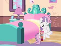 Size: 1600x1200 | Tagged: explicit, artist:doggypie, rainbow dash, sweetie belle, edit, edited screencap, foalcon, futa, futa sweetie belle, g4, horsecock, imminent masturbation, imported from derpibooru, intersex, lotion, nudity, penis, pony, screencap, show accurate, show accurate porn, solo, solo futa, unicorn