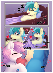 Size: 1754x2400 | Tagged: explicit, artist:dinoalpaka, sweetie belle, blowjob, blushing, comic, commission, earth pony, erection, female, foalcon, g4, gallus, griffon, griffon on pony action, imported from derpibooru, interspecies, knot, knotted penis, male, mare, nudity, oral, penis, pony, sandbar, sex, ship:gallbelle, shipping, sleeping, stallion, straight, unicorn