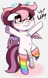 Size: 1770x2862 | Tagged: explicit, artist:heretichesh, oc, oc:toricelli, alternate version, amputee, balls, big penis, chest fluff, clothes, colored, fifth leg, foal, foalcon, futa, futa filly, futa oc, imported from derpibooru, impossibly large penis, intersex, legwear, nudity, oc only, pegasus, penis, pony, rainbow socks, simple background, socks, solo, solo futa, standing, standing on one leg, striped socks, sweat, teary eyes, thigh highs, upsies