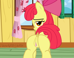 Size: 1280x1013 | Tagged: explicit, artist:an-tonio, artist:shutterflyeqd, apple bloom, anus, bedroom eyes, bloom butt, butt, clitoris, clubhouse, dock, duckface, earth pony, female, filly, foal, foalcon, g4, imported from derpibooru, looking at you, looking back, looking back at you, nudity, plot, ponut, pony, show accurate, show accurate porn, solo, solo female, tail, vaginal secretions, vulva, vulvar winking