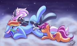 Size: 2500x1500 | Tagged: explicit, artist:draconightmarenight, rainbow dash, scootaloo, oc, oc:tempest streamrider, ahegao, alternate version, balls, big balls, cel shading, cloud, commission, creampie, crotchboobs, cum, cum on body, cum on hair, cum on mane, cum on mouth, cumming, facial, foalcon, g4, horsecock, imported from derpibooru, masturbation, milk, milking, night, night sky, nipples, nudity, open mouth, pegasus, pegasus oc, penetration, penis, pony, raised leg, sex, shading, ship:streamdash, sky, smug smile, stars, tongue out, vaginal, wings