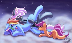 Size: 2500x1500 | Tagged: explicit, artist:draconightmarenight, rainbow dash, scootaloo, oc, oc:tempest streamrider, ahegao, alternate version, balls, big balls, cel shading, cloud, commission, crotchboobs, cum, cumming, foalcon, g4, horsecock, imported from derpibooru, masturbation, milk, milking, night, night sky, nipples, nudity, open mouth, pegasus, pegasus oc, penetration, penis, pony, raised leg, sex, shading, ship:streamdash, sky, smug smile, stars, tongue out, vaginal, wings
