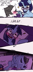 Size: 583x1280 | Tagged: explicit, artist:agurana, oc, anal insertion, anal orgasm, anus, blue hair, blue mane, blushing, brown eyes, colt, comic, cum, dialogue, dildo, duo, duo male, english, foal, foalcon, gift art, glasses, horn, imported from derpibooru, insertion, magic, male, nudity, oc name needed, oc only, orgasm, penis, pony, present, sex toy, sitting, sketch, telekinesis, unicorn, unicorn oc