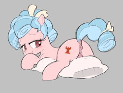 Size: 720x540 | Tagged: explicit, artist:php197, aggie.io, anatomically correct, anus, blushing, butt, cozy glow, dock, earth pony, edit, eyebrows, female, filly, foal, foalcon, g4, gray background, imported from derpibooru, looking back, nudity, pillow, plot, ponut, pony, presenting, raised tail, simple background, smiling, tail, vulva, wingless