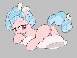Size: 579x434 | Tagged: explicit, artist:php197, aggie.io, anatomically correct, anus, blushing, butt, cozy glow, dock, earth pony, eyebrows, female, filly, foal, foalcon, g4, gray background, imported from derpibooru, looking back, missing cutie mark, nudity, pillow, plot, ponut, pony, presenting, raised tail, simple background, smiling, solo, solo female, tail, vulva, wingless