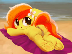 Size: 1444x1080 | Tagged: explicit, artist:darkstylerz, anus, beach, commission, cute, cute porn, earth pony, female, filly, foal, foalcon, frog (hoof), g4, genitals, hoof blush, hooves, imported from derpibooru, looking at you, looking over shoulder, lying down, nudity, ponut, pony, prone, simple background, sketch, solo, solo female, towel, underhoof, vulva, ych result