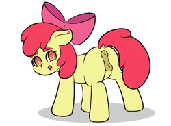 Size: 1900x1400 | Tagged: explicit, artist:vanifl, apple bloom, anatomically correct, anus, apple bloom's bow, bow, butt, clitoris, dock, earth pony, eyebrows, female, filly, foal, foalcon, full body, g4, hair bow, hooves, imported from derpibooru, looking back, nudity, open mouth, plot, ponut, pony, shadow, simple background, solo, solo female, standing, tail, vulva, white background