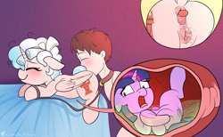 Size: 2235x1380 | Tagged: explicit, artist:cornelia_nelson, twilight sparkle, oc, oc:generic messy hair anime anon, alicorn, alicornified, analingus, anus, bed, blushing, butt, clitoris, collar, cozy glow, cozycorn, cozydom, cozypred, digestion, eyes closed, female, femdom, filly, filly pred, floppy ears, foal, foalcon, foaldom, g4, human, human on pony action, imported from derpibooru, interspecies, leash, male, nudity, open mouth, oral, pegasus, pet play, plot, pony, post vore sex, preylight, race swap, sex, stomach acid, vaginal secretions, victorious villain, vore, vulva