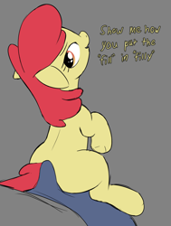 Size: 641x847 | Tagged: questionable, artist:permpony, apple bloom, crotch bulge, earth pony, erection, female, filly, foal, foalcon, g4, human, human male, human male on filly, human on pony action, imported from derpibooru, interspecies, looking back, male, nudity, pony, straight, text