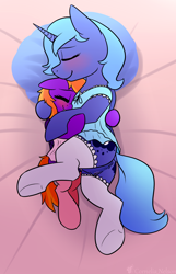 Size: 1248x1943 | Tagged: explicit, artist:cornelia_nelson, princess luna, oc, alicorn, anus, blushing, butt, canon x oc, clothes, cuddling, dock, female, filly, foal, foalcon, g4, grin, hug, imported from derpibooru, legwear, mare, nightgown, nudity, pegasus, pink socks, plot, pony, s1 luna, size difference, sleeping, smiling, stockings, tail, thigh highs, underhoof, vulva, white stockings