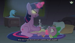 Size: 6000x3500 | Tagged: explicit, grimdark, artist:nenupharworld, spike, twilight sparkle, abuse, angry, asphyxiation, aura, bully, bullying, cbt, crying, cum, dialogue, domination, dominatrix, dragon, evil, female, foalcon, g4, garble, go to sleep garble, horn, imported from derpibooru, mare, night, nudity, pain, penis, pony, possessed, rape, sex, shitposting, show accurate, show accurate porn, smiling, spikeabuse, strangling, twilight is a foal fiddler, unicorn, unicorn twilight
