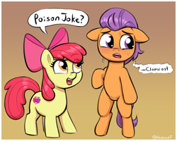 Size: 1842x1472 | Tagged: explicit, artist:heretichesh, apple bloom, bipedal, bow, colt, cuntboy, dialogue, duo, earth pony, female, filly, foal, foalcon, g4, imported from derpibooru, intersex, male, nudity, poison joke, pony, tender taps, text, vulva