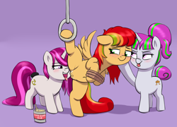 Size: 3280x2364 | Tagged: explicit, artist:heretichesh, oc, oc:maple, oc:zew, oc:zippi, age difference, bondage, colored, cunnilingus, female, filly, filly on mare, foal, foalcon, foaldom, glue, group sex, high res, imported from derpibooru, lesbian, mare, nudity, oc only, oral, pegasus, pony, ponytail, reverse foalcon, sex, simple background, spread legs, spread wings, spreading, tail, threesome, tied tail, tied up, tongue out, trio, unicorn, vulva, wings