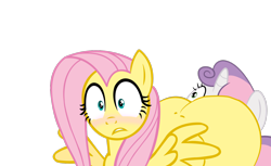 Size: 2585x1586 | Tagged: explicit, artist:doggypie, fluttershy, sweetie belle, aqua eyes, blushing, butt, duo, duo female, faceful of ass, female, filly, flutterbutt, foal, foalcon, frown, g4, gritted teeth, high res, horn, imported from derpibooru, lesbian, licking, mare, pegasus, plot, pony, ship:flutterbelle, shipping, shrunken pupils, simple background, spread wings, tongue out, transparent background, unicorn, wings