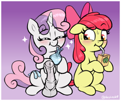 Size: 1934x1612 | Tagged: explicit, artist:heretichesh, apple bloom, sweetie belle, balls, blushing, condom, cum, cum drinking, cum in container, delicious cum, dickgirl, drinking, drinking straw, duo, earth pony, floppy ears, foalcon, futa, futa sweetie belle, g4, gradient background, horsecock, imported from derpibooru, intersex, juice, juice box, nervous, nudity, penis, pony, raised eyebrow, sweat, sweatdrop, unicorn, used condom