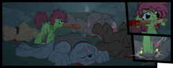 Size: 2500x992 | Tagged: explicit, grimdark, artist:sherathoz, oc, oc:watermelon success, abuse, aftersex, ball busting, blood, canine penis, cave, cbt, comic, commission, creampie, crotchboobs, cum, diamond dog, family guy death pose, female, filly, foal, foalcon, imported from derpibooru, injured, nudity, penis, pony, punishment, rape, revenge