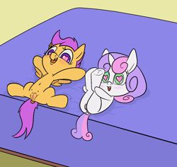 Size: 1500x1414 | Tagged: explicit, artist:happy harvey, scootaloo, sweetie belle, anus, bed, belly button, blushing, butt, colored pupils, crotchboobs, cute, cute porn, cutealoo, duo, duo female, ear blush, excited, female, filly, foal, foalcon, frog (hoof), g4, heart eyes, holding legs, horn, imported from derpibooru, legs in air, legs together, looking at you, lying down, nipples, nudity, on back, on bed, open mouth, open smile, pegasus, phone drawing, plot, pony, smiling, spread legs, spread wings, spreading, tail, teats, two toned mane, two toned tail, underhoof, unicorn, vulva, wall of tags, wingboner, wingding eyes, wings