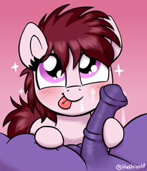 Size: 1276x1480 | Tagged: explicit, artist:heretichesh, oc, oc:zazzy frazzles, balls, blowjob, cum, earth pony, female, filly, filly on stallion, foal, foalcon, imported from derpibooru, licking, licking lips, male, messy mane, nudity, offscreen character, offscreen male, oral, penis, piercing, pony, prostitute, prostitution, sex, simple background, sparkles, stallion, tongue out