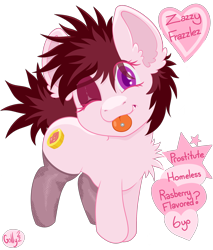 Size: 2550x3000 | Tagged: explicit, artist:golly, oc, oc:zazzy frazzles, chest fluff, clothes, earth pony, eyeshadow, female, filly, foal, foalcon, high res, imported from derpibooru, legwear, makeup, oc only, piercing, pony, prostitute, simple background, solo, solo female, stockings, thigh highs, transparent background
