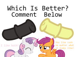 Size: 1600x1200 | Tagged: explicit, scootaloo, sweetie belle, foalcon, g4, implied apple bloom, implied futa, imported from derpibooru, pony
