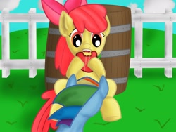 Size: 1600x1200 | Tagged: questionable, artist:navqshy, apple bloom, rainbow dash, age difference, apple, cunnilingus, drool, duo, duo female, earth pony, female, females only, filly, foal, foalcon, food, g4, imported from derpibooru, lesbian, mare, mare on filly, oral, pegasus, pony, sex, ship:rainbloom, shipping, softcore