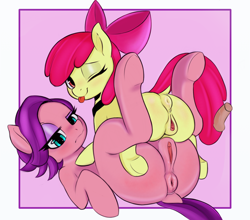 Size: 1804x1585 | Tagged: explicit, artist:tre, apple bloom, anus, butt, clitoris, disembodied penis, female, filly, foal, foalcon, g4, group sex, human, human on pony action, human penis, imported from derpibooru, interspecies, looking at you, mare, nudity, one eye closed, penis, plot, ponut, pony, ribbon, spoiled rich, threesome, tongue out, vagina, vulva, wink