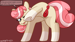 Size: 1795x1003 | Tagged: explicit, artist:walpurgie, oc, oc:fleur souhait, anatomically correct, butt, earth pony, female, filly, foal, foalcon, imported from derpibooru, lifted leg, looking back, nudity, oc only, plot, pony, presenting, solo, solo female, teasing, vulva