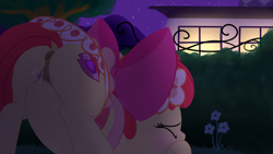 Size: 2560x1439 | Tagged: explicit, artist:dtcx97, apple bloom, anus, ass up, clothes, dress, earth pony, face down ass up, female, filly, foal, foalcon, g4, gala dress, imported from derpibooru, make new friends but keep discord, masturbation, my little pony: friendship is magic, nudity, pony, solo, solo female, source needed, vaginal secretions, vulva